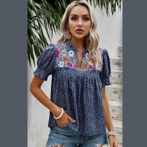 Navy Floral Puff Sleeve Loose Fit Ruffle Blouse