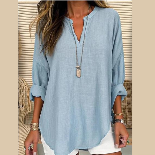 Blue Linen Long Sleeve Casual V Neck Top