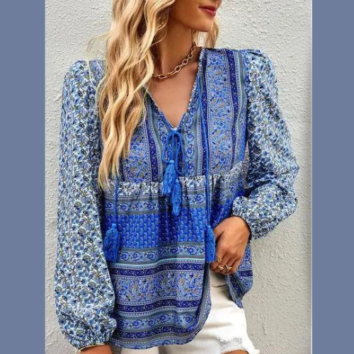 Blue V-Neck Drawstring Floral Print Loose Fit Top