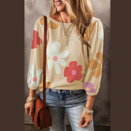 Apricot Cute Flower Print Bracelet Sleeve Top