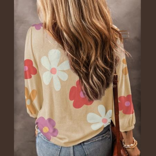 Apricot Cute Flower Print Bracelet Sleeve Top